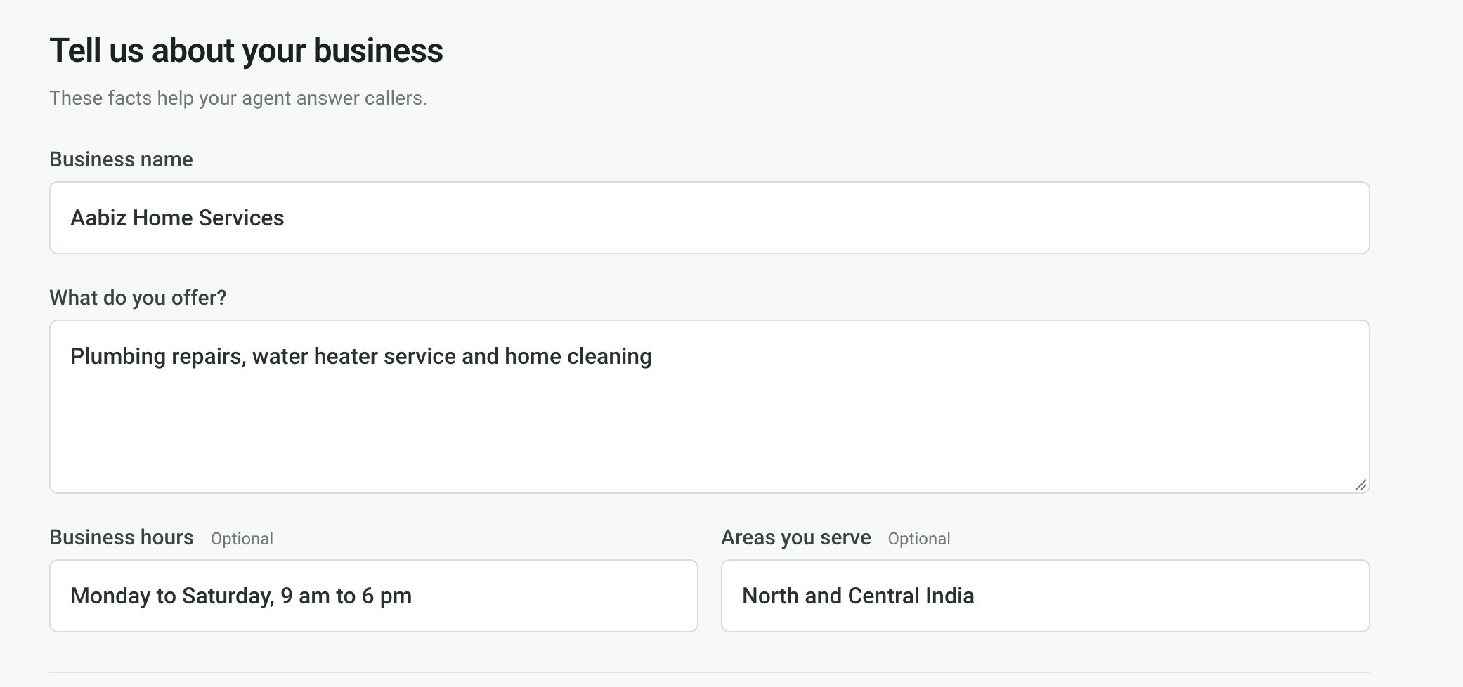 Business details used by the voice agent, including services, opening hours and service area