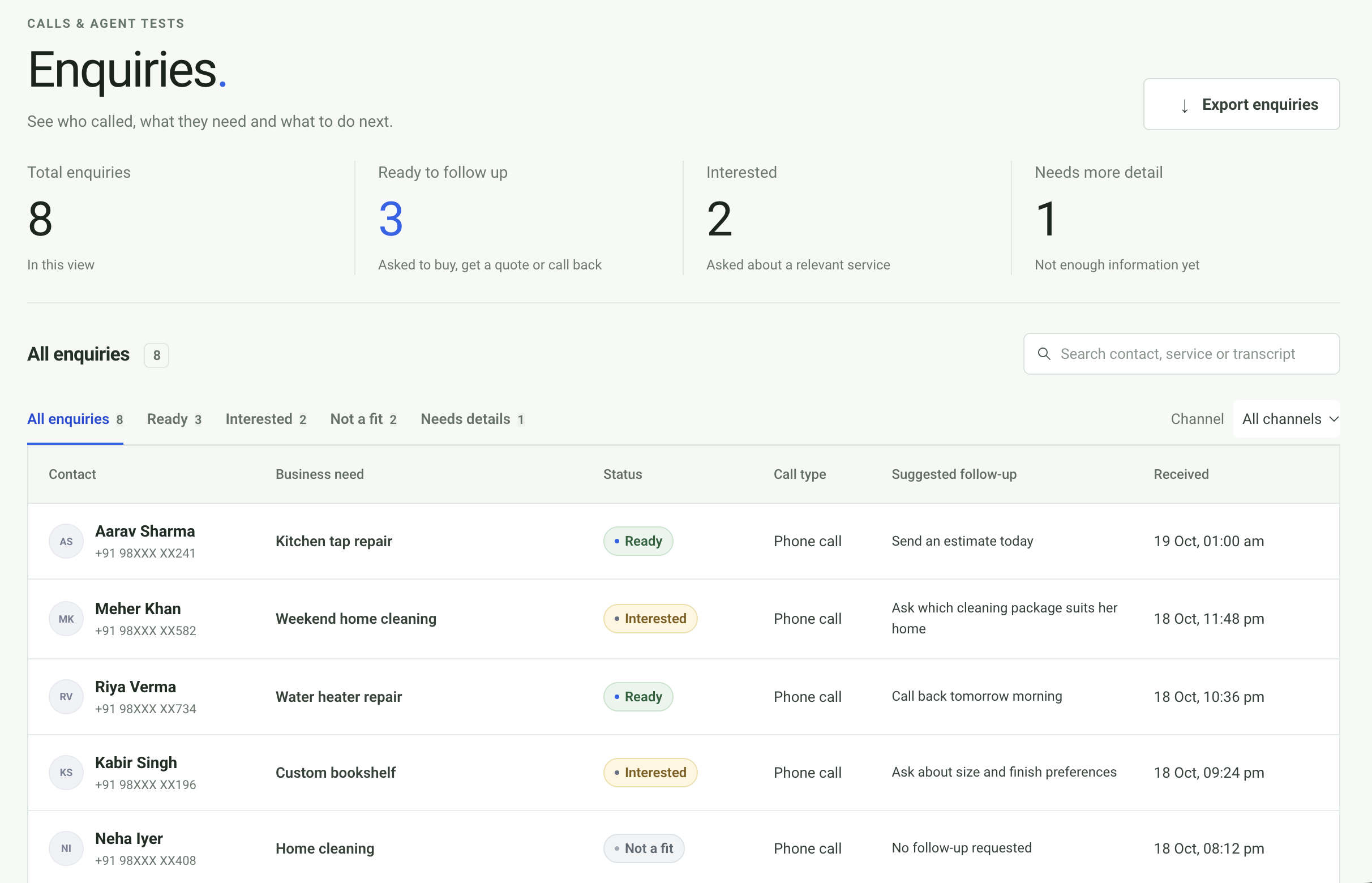 Enquiries dashboard showing caller names, business needs, statuses and follow-up actions